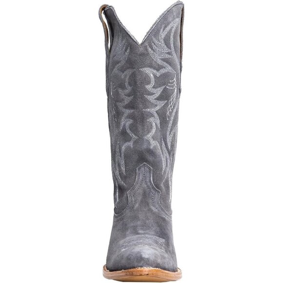 Womens Faux Suede Embroidered Pointed Toe Chunky Heel Pull On Cowboy Boots - Picture 4 of 6